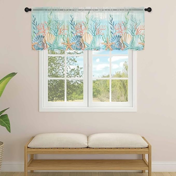 Summer Beach Sheer Valance Curtains, Green Ocean Colorful Coral Shell Seaweed Starfish Light Filtering Kitchen Valances Rod Pocket Voile Curtain Treatment for Bedroom/Living Room/Basement 42Wx18L