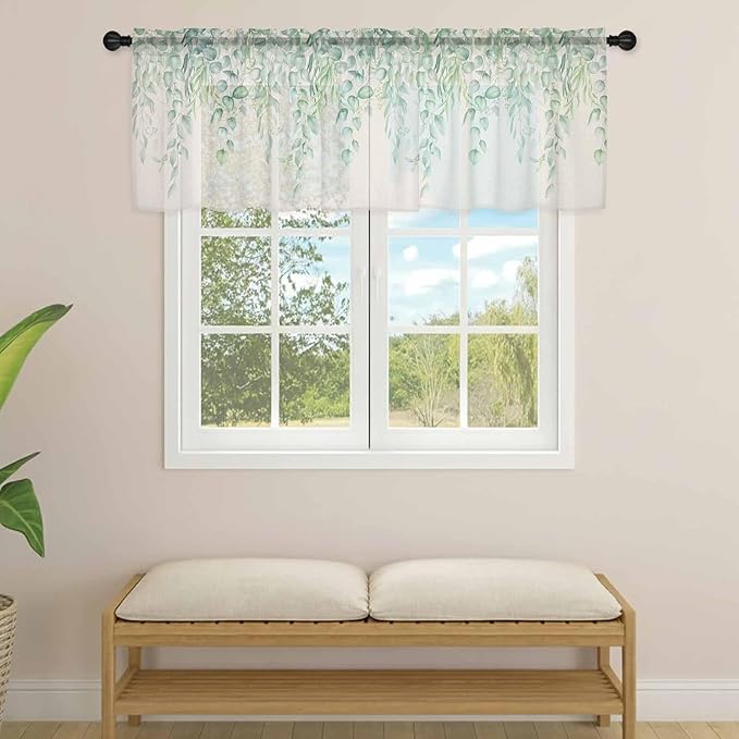 Green Leaf Sheer Valance Curtains, Eucalyptus Leaves Vintage Linen Texture Spring Plant Light Filtering Kitchen Valances Rod Pocket Voile Curtain Treatment for Bedroom/Living Room/Basement 42Wx12L