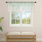 Green Leaf Sheer Valance Curtains, Eucalyptus Leaves Vintage Linen Texture Spring Plant Light Filtering Kitchen Valances Rod Pocket Voile Curtain Treatment for Bedroom/Living Room/Basement 42Wx12L