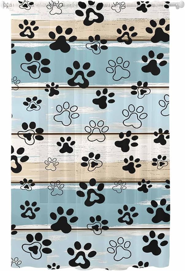 Sheer Curtains 84 Inches Long, Blue Beige Paw Print Semi Sheer Curtains Light Filtering Window Treatment, Vintage Farmhouse Country Wood Grain Privacy Voile Drapes for Living Room Bedroom 52x84 Inch