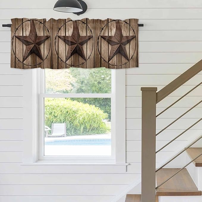 Vintage Texas Star Valances for Windows, Brown Wood Grain Wire Kitchen Valance Light Filtering Rod Pocket Short Curtains for Kitchen Bathroom, 1 Panel, 42"x18"