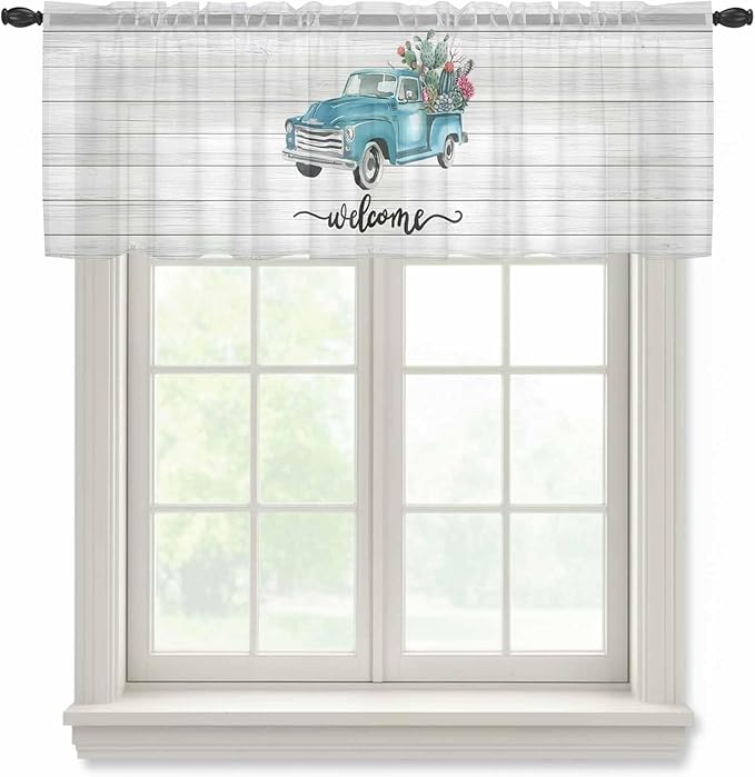 Welcome Sheer Valance Curtains, Summer Car with Cactus Succulents Grey Wood Grain Light Filtering Kitchen Valances Rod Pocket Voile Curtain Window Treatment for Bedroom/Living Room/Basement 42Wx18L