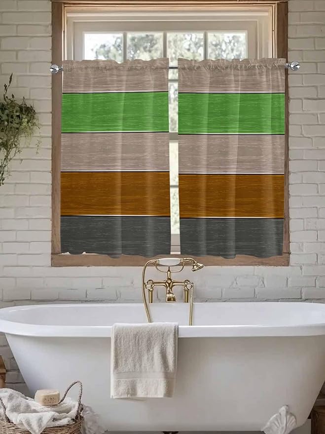 Farm Gray Green Brown Wood Grain Window Valance Curtains, Rustic Wooden Plank Light Filtering Kitchen Valance with 3-inch Rod Pocket for Living Room Bathroom Bedroom,2 Panel,52x45In