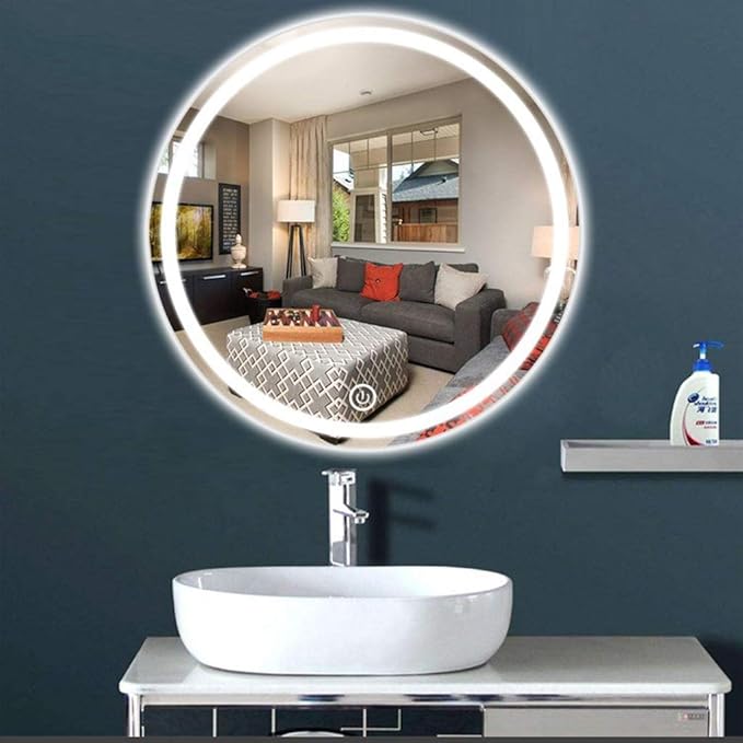 Round Waterproof LED Bathroom Wall Makeup Mirrors with White Light Sensor Touch Control and Demister Pad (Color : with Frame Size : 70cm) (Without Frame 60cm)