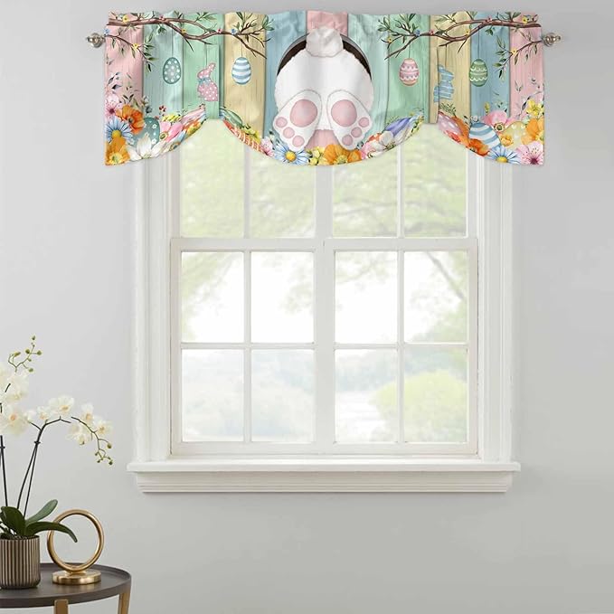 Easter Tie Up Valance Curtains for Windows, Kitchen Curtains Window Shades, Spring Colorful Bunny Eggs Flower Wood Grain Light Filtering Roman Curtain Valances for Bedroom/Bathroom/Cafe 60"x18"