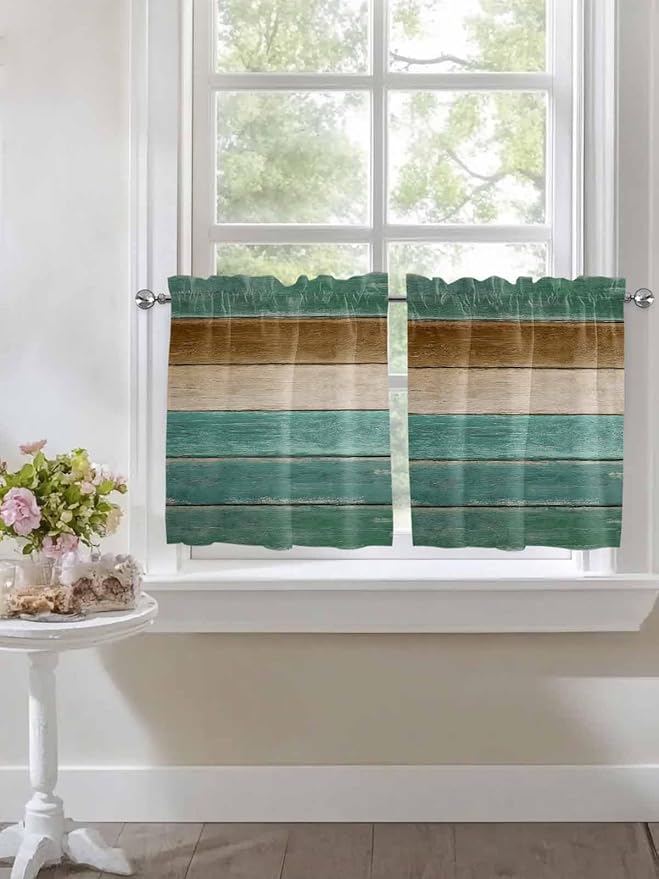 Vintage Plank Turquoise Brown Window Valance Curtains, Farmhouse Wood Grain Light Filtering Kitchen Valance with 3-inch Rod Pocket for Living Room Bathroom Bedroom,2 Panel,27.5x24In