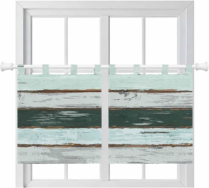 Blue Teal Kitchen Curtains 24 Inch Length, Small Window Curtains Tab Top, Vintage Wooden Retro Art Farmhouse Barns Light Filtering Short Window Treatments Tier Drapes 27.5"x24" 2 Panel
