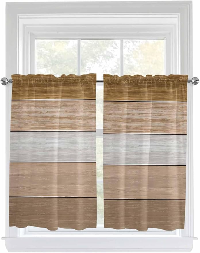 Retro Farm Wood Board Window Valance Curtains, Brown Graduality Striped Light Filtering Kitchen Valance with 3-inch Rod Pocket for Living Room Bathroom Bedroom,2 Panel,52x54In
