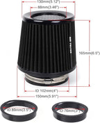 3" 3.5" 4" Inlet Car Replacement Cold Air Intake Filter 76mm 89mm 102mm 3 Sizes in 1 High Flow Performance Cone Air Filter (Black)