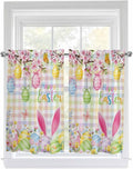 Happy Easter Tier Curtains 45 Inches Long, Spring Bunny Colorful Eggs Flower Plaid Window Treatment Curtain Drapes, Small Curtain Drapes for Bathroom Laundry Room, 27.5"x45", 2 Panels