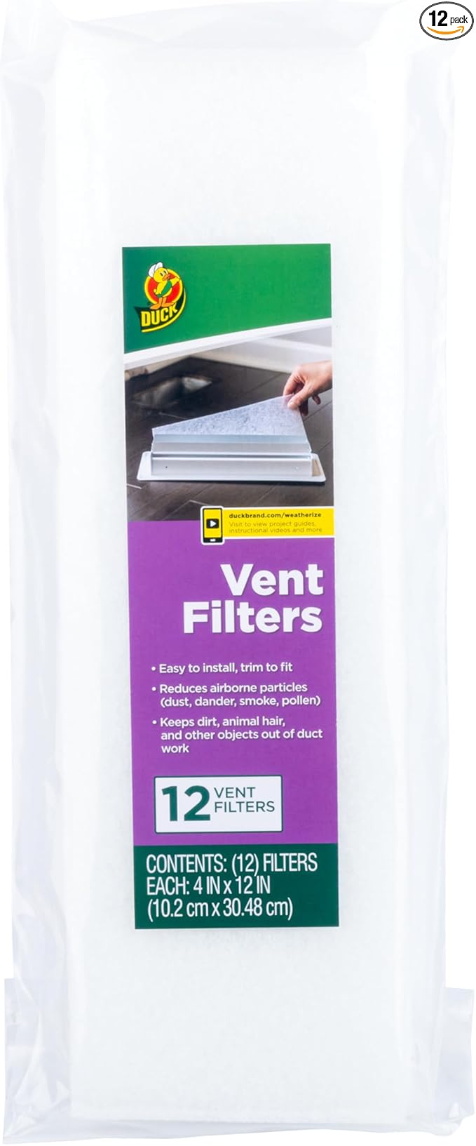 Duck Brand Air Vent Filters, Reduce Airborne Particles like Dust, Dander, Pollen and Trap Debris in your Ventilation System, Air Register Vent Filters for Home, 4 In. x 12 In., 12-Pack, White