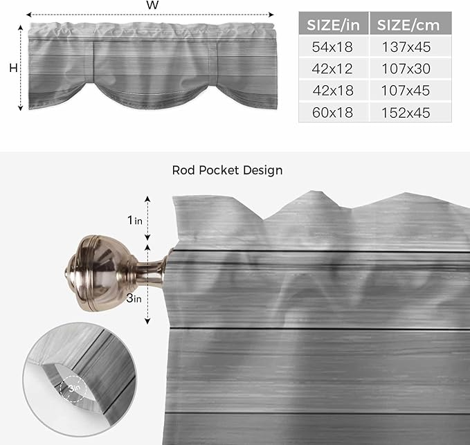 Grey Ombre Wooden Tie Up Valance Curtains for Windows, Kitchen Curtains Window Shades, Farmhouse Retro Gray Wood Gradient Light Filtering Roman Curtain Valances for Bedroom/Bathroom/Cafe 54"x18"
