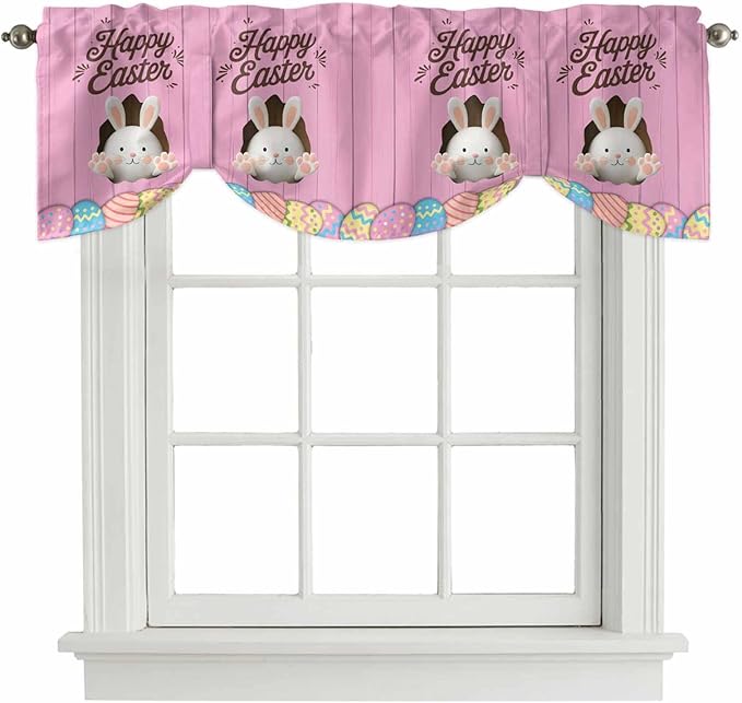 Pink Easter Tie Up Valance Curtains for Windows,Kitchen Curtains Window Shades,Easter Bunny Eggs Spring Cartoon Farmhouse Wood Grain Light Filtering Curtain Valances for Bedroom/Bathroom/Cafe 42"x18"