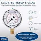 0-1000 Psi Glycerin Liquid Filled Hydraulic Pressure Gauge, 2.5" Dial Size, 1/4" NPT Lower Mount, 304 Stainless Steel Case, for Water Oil Air Gas Pressure Test