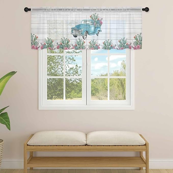 Farmhouse Sheer Valance Curtains, Summer Blue Car with Cactus Succulents Wood Grain Light Filtering Kitchen Valances Rod Pocket Voile Curtain Window Treatment for Bedroom/Living Room/Basement 42Wx18L