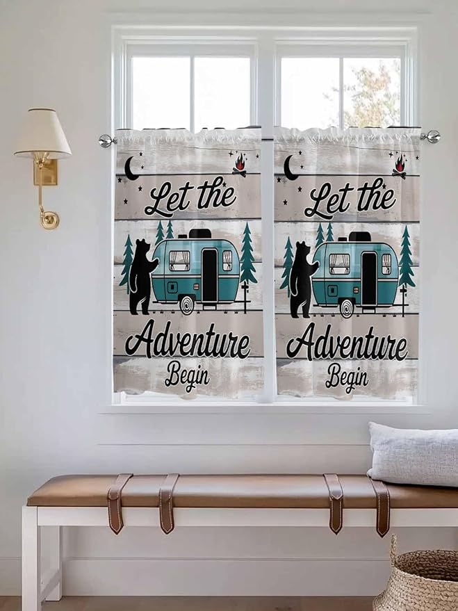 Farmhouse Bear Camper Van Tree Window Valance Curtains, Vintage Wood Grain Light Filtering Kitchen Valance with 3-inch Rod Pocket for Living Room Bathroom Bedroom,2 Panel,52x45In