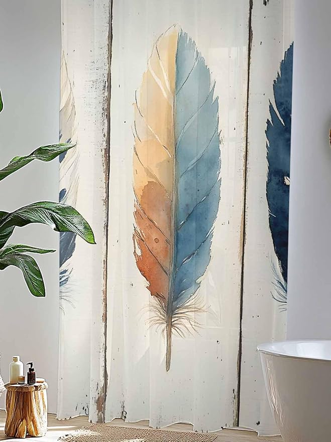 Sheer Curtains 84 Inches Long, Blue Brown Feathers Semi Sheer Curtains Light Filtering Window Treatment, Boho Ombre Vintage Wooden Grain Privacy Voile Drapes for Living Room Bedroom 52x84 Inch