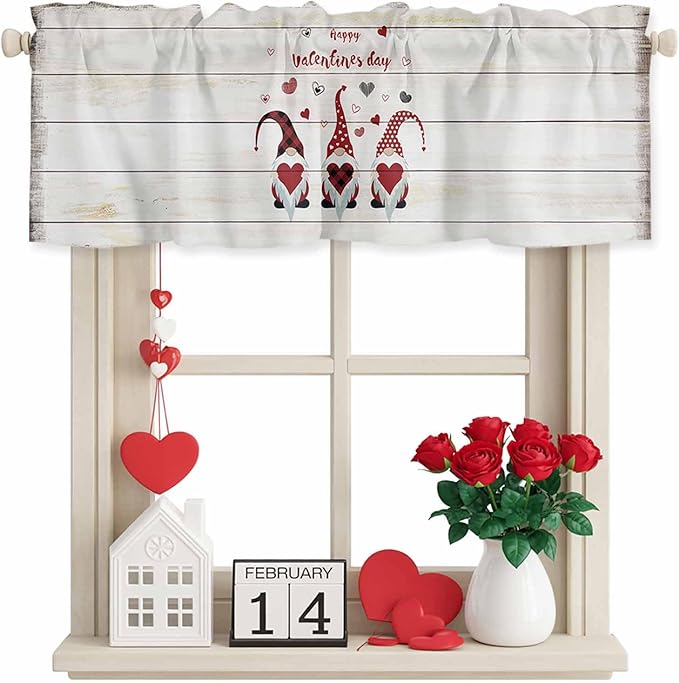 Happy Valentine's Valance Curtains for Kitchen, Day Gnomes Love Heart on Rustic Wood Grain Privacy Rod Pocket Valance Curtain, Light-Filtering Window Treatment for Bedroom Bathroom, 60"x14"