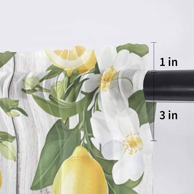 Spring Summer Lemon Sheer Valance Curtains, Leaf Flower White Wood Grain Light Filtering Kitchen Valances Rod Pocket Voile Curtain Window Treatment for Bedroom/Living Room/Basement 60Wx18L