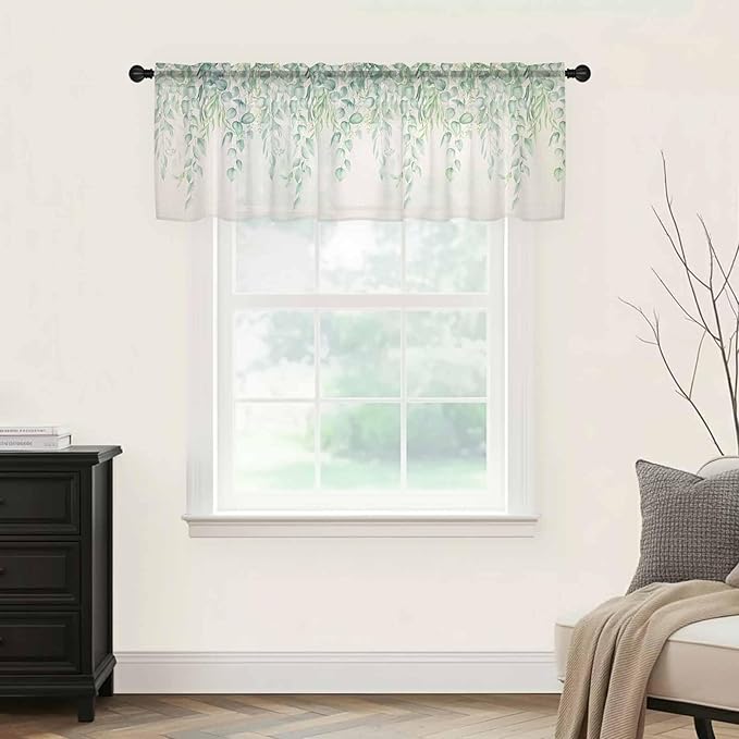Green Leaf Sheer Valance Curtains, Eucalyptus Leaves Vintage Linen Texture Spring Plant Light Filtering Kitchen Valances Rod Pocket Voile Curtain Treatment for Bedroom/Living Room/Basement 42Wx12L