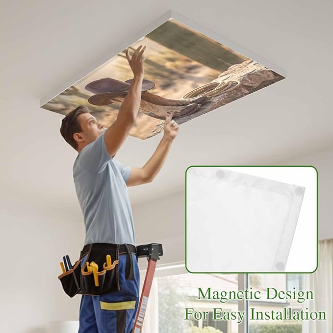 Fluorescent Light Covers, Cowboy Western Magnetic Light Covers for Ceiling Lights, Cowboy Hats Boots Desert Cacti Vintage Fluorescent Ceiling Shade Filters for Classroom Bedroom Office 4x2Ft x 1PCS