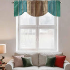 Teal Blue Brown Tie Up Valance Curtains for Windows, Kitchen Curtains Window Shades, Farmhouse Retro Wooden Grain Stripes Light Filtering Roman Curtain Valances for Bedroom/Bathroom/Cafe 42"x18"