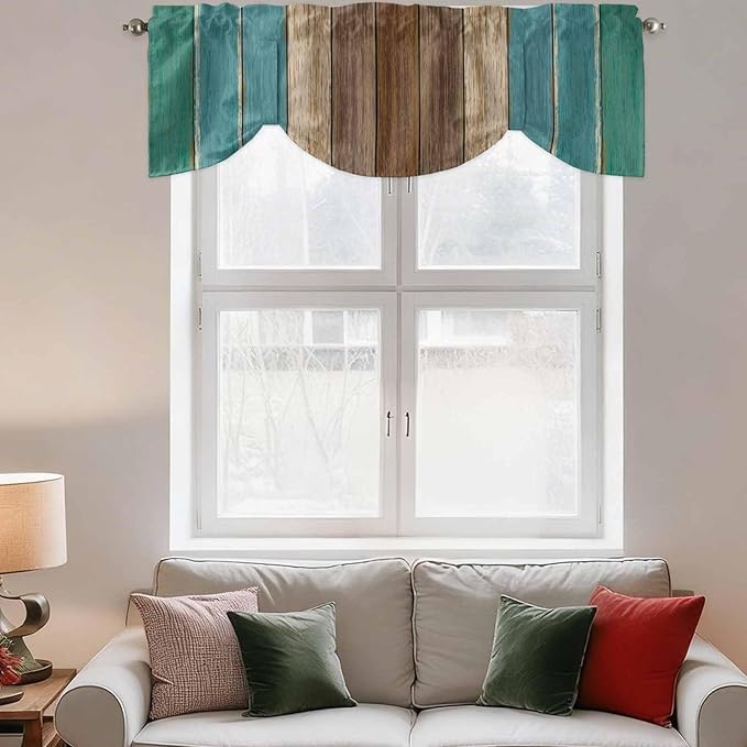 Teal Blue Brown Tie Up Valance Curtains for Windows, Kitchen Curtains Window Shades, Farmhouse Retro Wooden Grain Stripes Light Filtering Roman Curtain Valances for Bedroom/Bathroom/Cafe 42"x12"