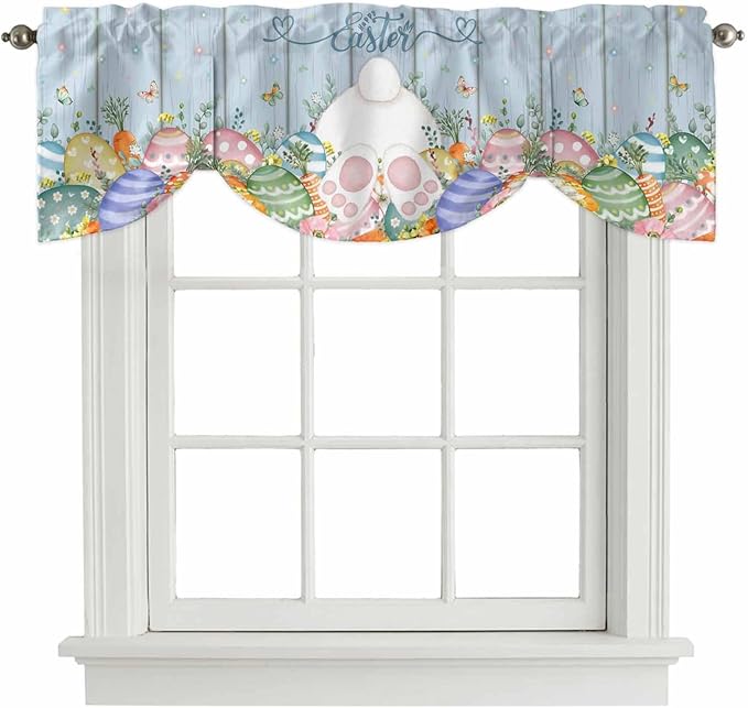 Spring Easter Tie Up Valance Curtains for Windows, Kitchen Curtains Window Shades, Rabbit Ears Foot Colorful Eggs Wooden Plank Light Filtering Roman Curtain Valances for Bedroom/Bathroom/Cafe 42"x18"