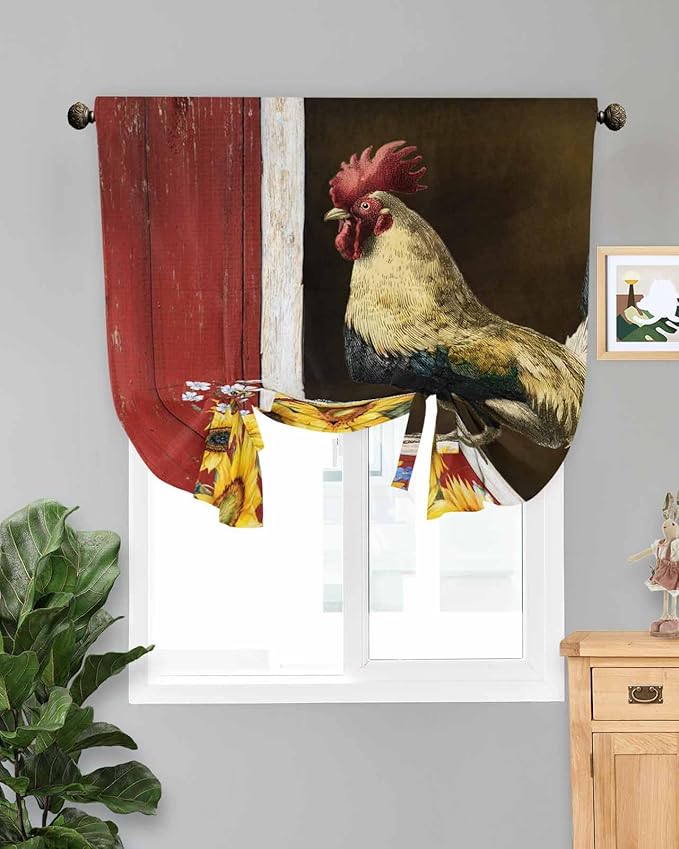 Tie Up Curtains for Windows, Chicken Sunflowers Adjustable Balloon Nature Linen Textured Kitchen Curtain, Farmhouse Animals Red Barn Bees Tie Up Blackout Curtains for Bedroom, 52 x 63 Inches