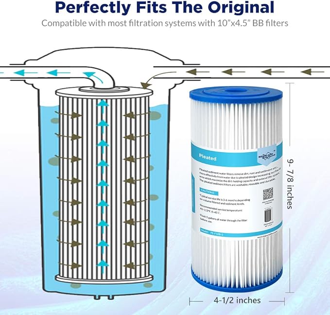 Membrane Solutions 5 Micron Pleated Water Filter Home 10"x4.5" Whole House Heavy Duty Sediment Replacement Cartridge Compatible with ECP10-1,ECP20-BB,R50-BBSA,FXHSC,CB1-SED10-BB (4 Pack)