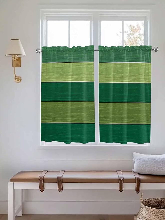 Farm Retro Green Wood Grain Window Valance Curtains, Rustic Wooden Plank Texture Light Filtering Kitchen Valance with 3-inch Rod Pocket for Living Room Bathroom Bedroom,2 Panel,52x54In