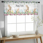 Easter Sheer Valances for Windows 54"x18", Light Filtering Kitchen Curtains Valance, Spring Watercolor Bunny Eggs Flower Leaf Wooden Grey Rod Pocket Chiffon Curtains for Living Room Bedroom Cafe