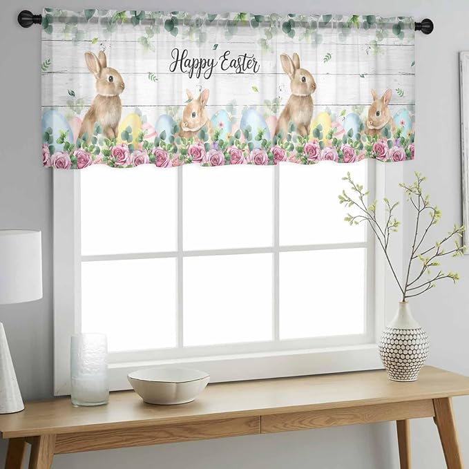 Easter Sheer Valances for Windows 60"x18", Light Filtering Kitchen Curtains Valance, Spring Watercolor Bunny Eggs Flower Leaf Wooden Grey Rod Pocket Chiffon Curtains for Living Room Bedroom Cafe