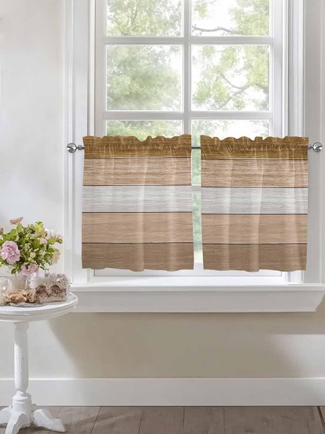 Retro Farm Wood Board Window Valance Curtains, Brown Graduality Striped Light Filtering Kitchen Valance with 3-inch Rod Pocket for Living Room Bathroom Bedroom,2 Panel,27.5x36In