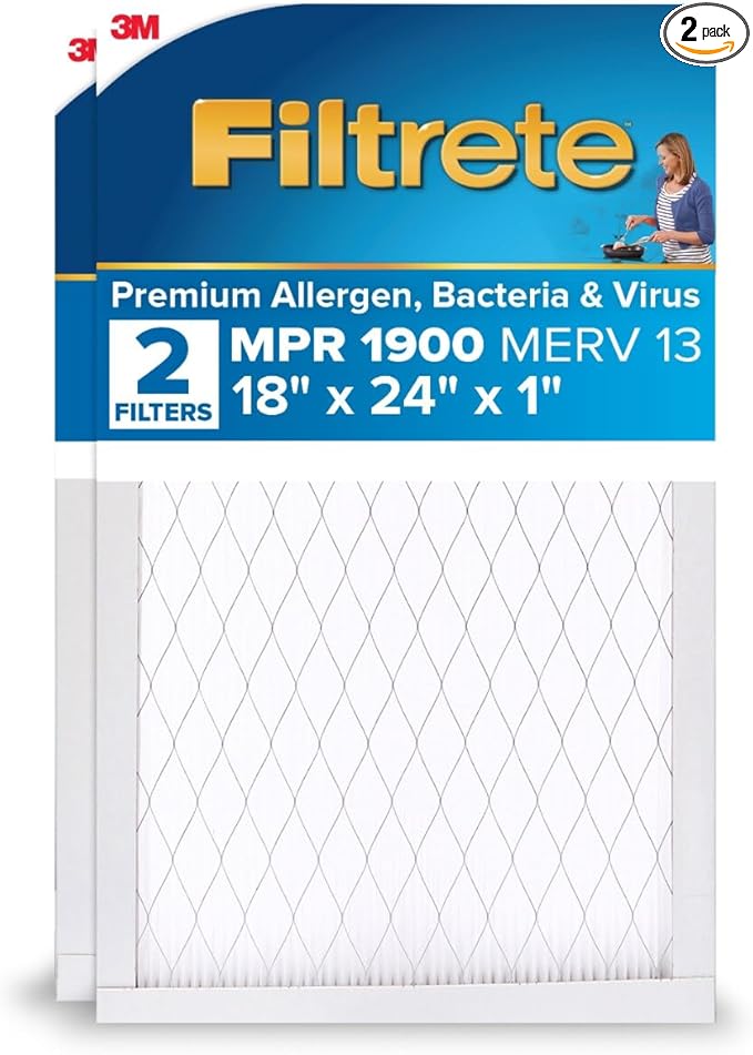 Filtrete 18x24x1 AC Furnace Air Filter, MERV 13, MPR 1900, Premium Allergen, Bacteria & Virus Filter, 3-Month Pleated 1-Inch Electrostatic Air Cleaning Filter, 2-Pack (Actual Size 17.81x23.81x0.78 in)