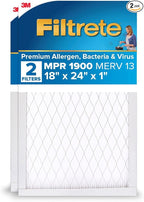 Filtrete 18x24x1 AC Furnace Air Filter, MERV 13, MPR 1900, Premium Allergen, Bacteria & Virus Filter, 3-Month Pleated 1-Inch Electrostatic Air Cleaning Filter, 2-Pack (Actual Size 17.81x23.81x0.78 in)