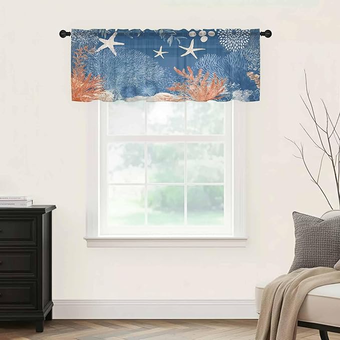 Ocean Corals Sheer Valance Curtains, Summer Beach Coral Sea Stars Dark Blue Light Filtering Kitchen Valances Rod Pocket Voile Curtain Window Treatment for Bedroom/Living Room/Basement 60Wx18L
