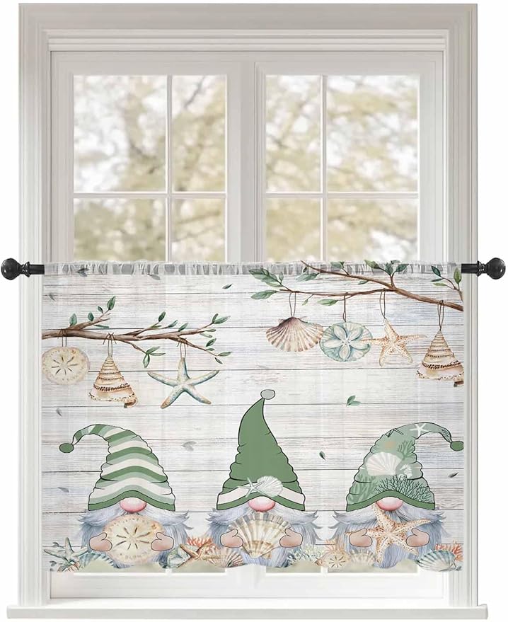 Sheer Curtains 45 Inch Length, Sage Green Gnomes Semi Sheer Curtains Light Filtering Window Treatment, Eucalypus Coastal Anchor Retro Wood Privacy Voile Drapes for Living Room Bedroom 52x45 Inch