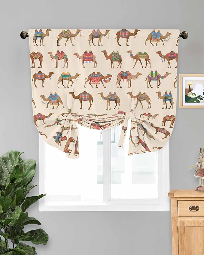 Tie Up Curtains for Windows, Summer Camels Adjustable Balloon Nature Linen Textured Kitchen Curtain, Farmhouse Retro Cartoon Desert Animals Tie Up Light Filtering Curtains for Decor, 34 x 45 In