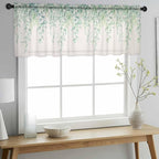 Green Leaf Sheer Valance Curtains, Eucalyptus Leaves Vintage Linen Texture Spring Plant Light Filtering Kitchen Valances Rod Pocket Voile Curtain Treatment for Bedroom/Living Room/Basement 42Wx18L