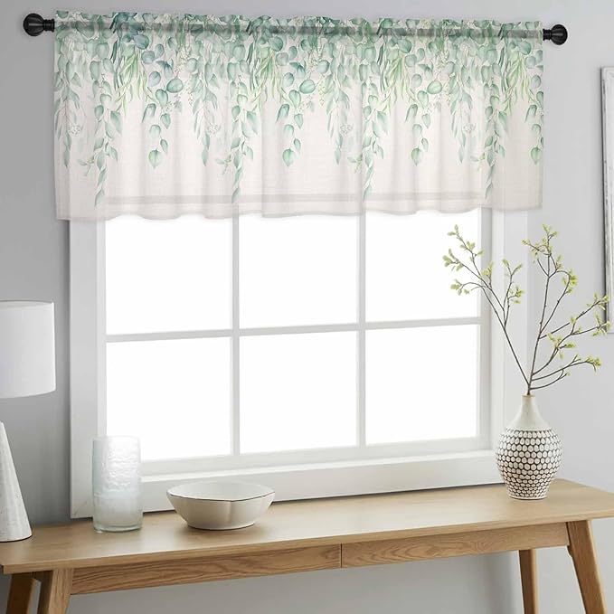 Green Leaf Sheer Valance Curtains, Eucalyptus Leaves Vintage Linen Texture Spring Plant Light Filtering Kitchen Valances Rod Pocket Voile Curtain Treatment for Bedroom/Living Room/Basement 54Wx18L