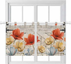 Retro Floral Kitchen Curtains 36 Inch Length, Small Window Curtains Tab Top, Red Yellow Tulips Barm Doors Farmhouse Wooden Light Filtering Short Window Treatments Tier Drapes 27.5"x36" 2 Panel