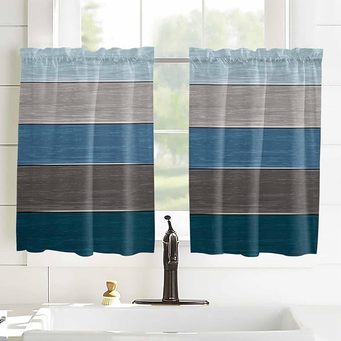 Retro Farm Blue Gray Wood Grain Window Valance Curtains, Rustic Wooden Plank Light Filtering Kitchen Valance with 3-inch Rod Pocket for Living Room Bathroom Bedroom,2 Panel,52x45In
