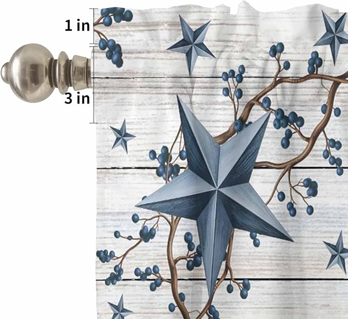Kitchen Curtains Tiers and Valance Set of 3, Farmhouse Light Filtering Window Curtain Set, Blue Country Texas Star Vintage Berries Wooden Rod Pocket Curtain Drapes for Living Room, 24 Inches Tiers