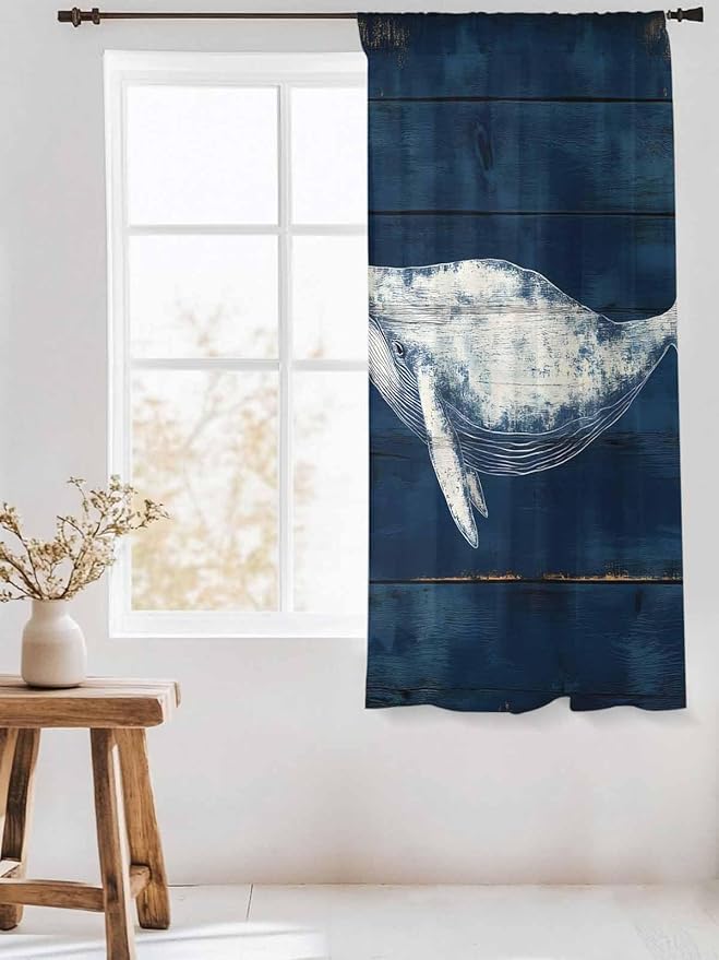 Sheer Curtains 63 Inch Length, Summer Whale Semi Sheer Curtains Light Filtering Window Treatment, Ocean Watercolor Wooden Grain Blue Privacy Voile Drapes for Living Room Bedroom 52x63 Inch
