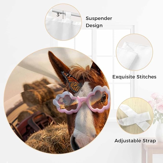 Farm Horses Bedroom Curtains 72 Inch Length, Window Curtains Tab Top, Farmhouse Barn Funny Animals Butterfly Light Filtering Window Treatments Drapes 52"x72" 2 Panel