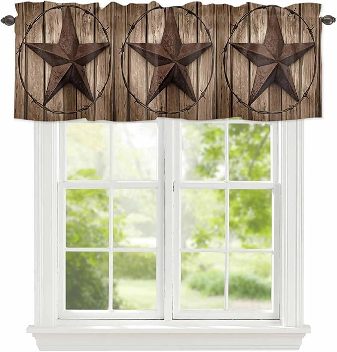 Vintage Texas Star Valances for Windows, Brown Wood Grain Wire Kitchen Valance Light Filtering Rod Pocket Short Curtains for Kitchen Bathroom, 1 Panel, 54"x18"