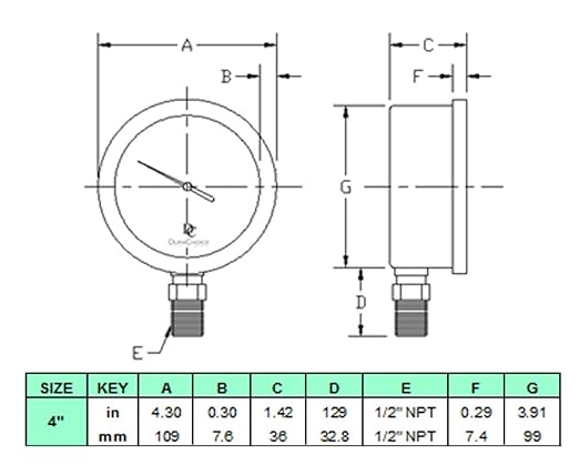 4" Oil Filled Pressure Gauge - Stainless Steel Case, Brass, 1/2" NPT, Lower Mount Connection, 0-1500PSI