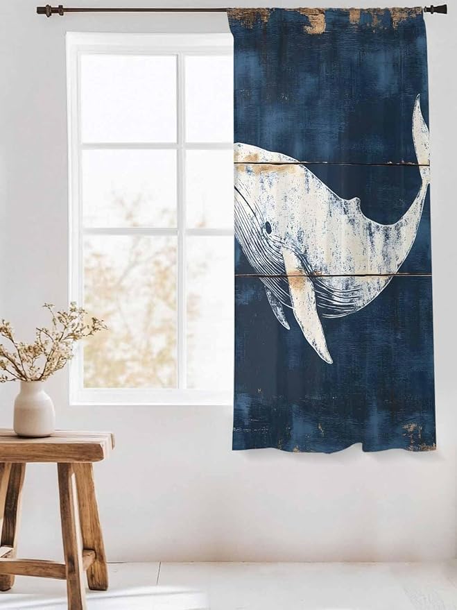 Sheer Curtains 63 Inch Length, Ocean Whale Blue Semi Sheer Curtains Light Filtering Window Treatment, Coastal Vintage Wooden Grain Privacy Voile Drapes for Living Room Bedroom 52x63 Inch