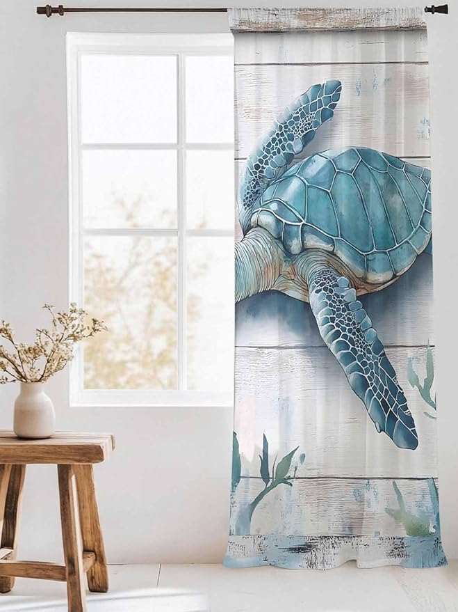 Sheer Curtains 84 Inches Long, Teal Green Sea Turtle Semi Sheer Curtains Light Filtering Window Treatment, Summer Ocean Seaweed Wood Grain Privacy Voile Drapes for Living Room Bedroom 52x84 Inch